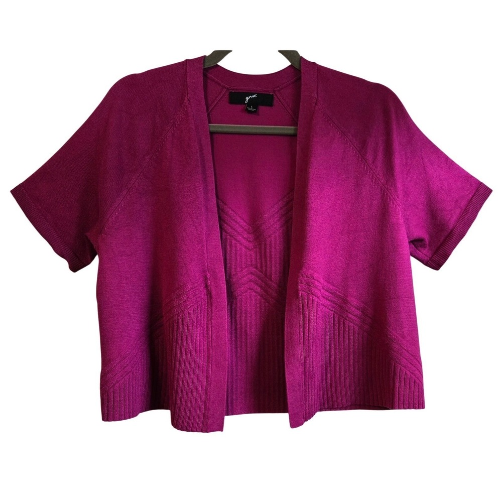 GNW Womens L Chic Fuchsia Short Sleeve Open Front Cardigan Bolero Chevron  NWOT